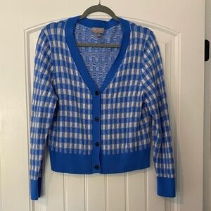 J. Crew Women's Blue and White Plaid Cashmere Cardigan